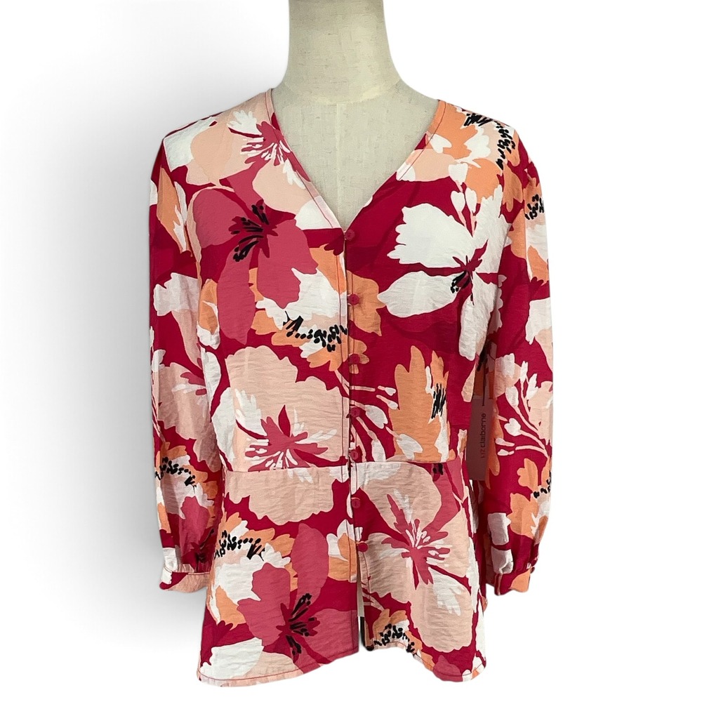 Liz Claiborne Red Floral Button Front V-Neck Blouse Top NWT Size M